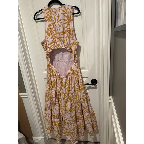 On-34th XXL Pink and Yellow Leaf Print Summer Midi Dress, Open Back, NWT - Picture 3 of 16